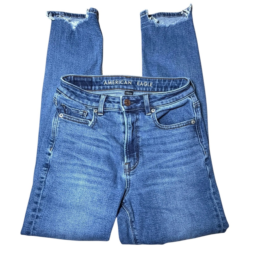 American Eagle Womens High Waisted Skinny Jeans Blue Ripped Raw Hem Size 00 Reg